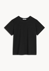 Czarny bawełniany T-shirt z krótkim rękawem, okrągłym dekoltem i prostym wykończeniem. Charakteryzuje się gładką fakturą i minimalistycznym designem.