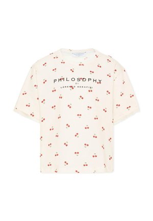 T-shirt a maniche corte color crema con piccole stampe di ciliegie rosse e la scritta "PHILOSOPHY DI LORENZO SERAFINI" sul petto.