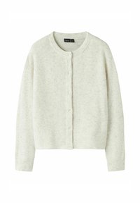 Cardigan morbido in maglia grigio chiaro con scollo rotondo, maniche lunghe e chiusura frontale con bottoni.