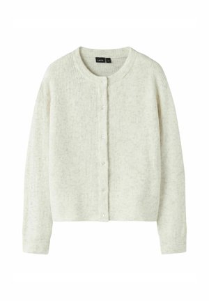 Mjuk, ljusgrå stickad kofta med rund halsringning, långa ärmar och knäppning framtill.