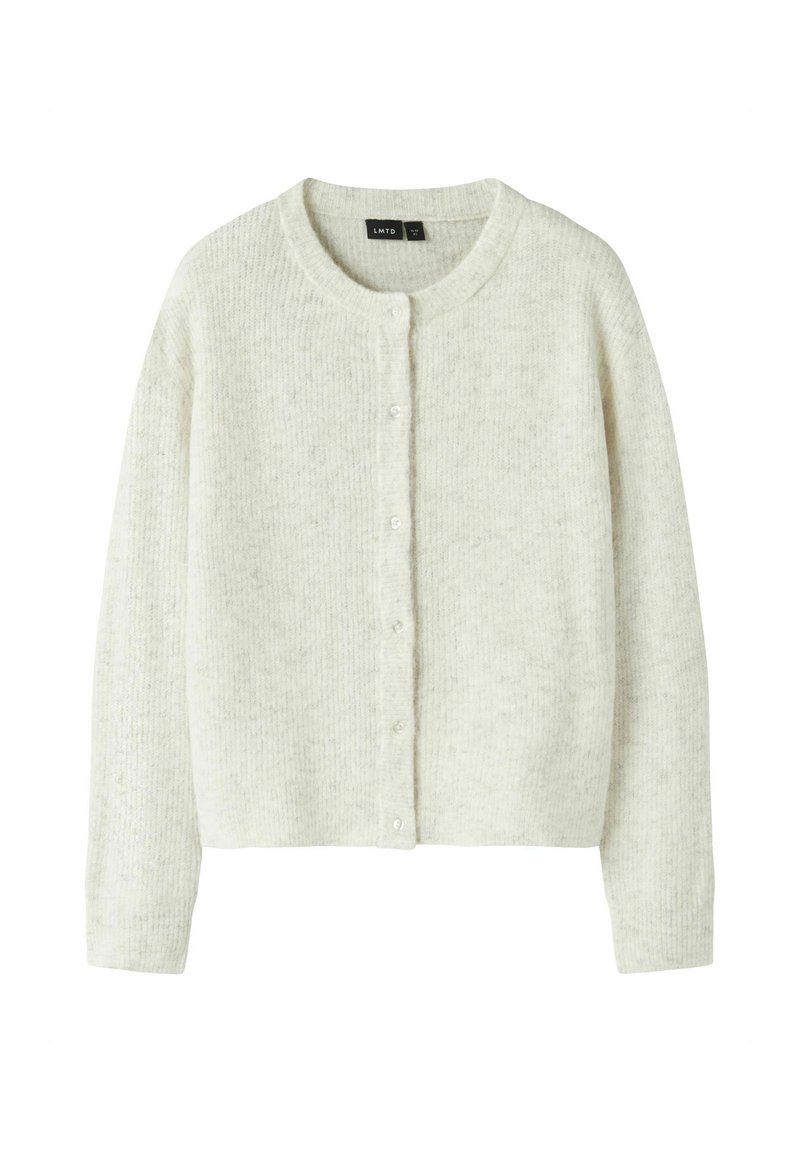 Cardigan morbido in maglia grigio chiaro con scollo rotondo, maniche lunghe e chiusura frontale con bottoni.