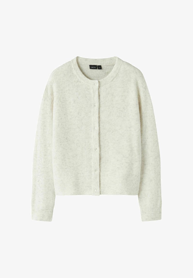 Cardigan morbido in maglia grigio chiaro con scollo rotondo, maniche lunghe e chiusura frontale con bottoni.