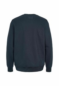 Sweat-shirt bleu marine foncé à manches longues avec poignets et ourlet côtelés, présenté de dos sur fond blanc.