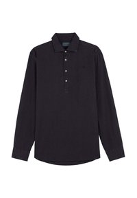 Langemouwig, donkergrijze shirt, frontaanzicht. Katoenmengsel stof, kraag met knopen, licht gebogen zoom en een klein embleem op de borst.