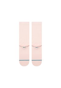 Light pink ankle socks with a textured pattern and a blue accent stripe at the cuff. Made from a soft, stretchy fabric for comfort.