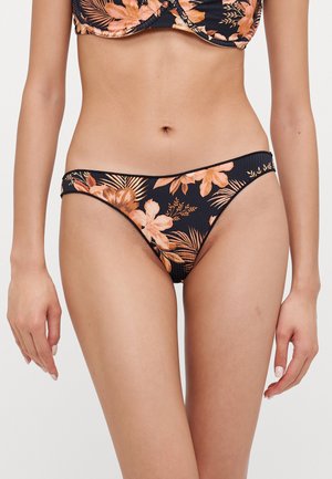 Black bikini bottom with orange floral pattern, ribbed texture, and narrow sides. Accented with dark trim along the waistband.