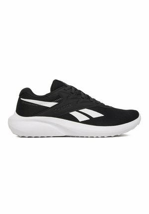 Scarpa da corsa Reebok in bianco e nero con tomaia in mesh, chiusura con lacci, suola ammortizzata e strisce con logo sul lato.