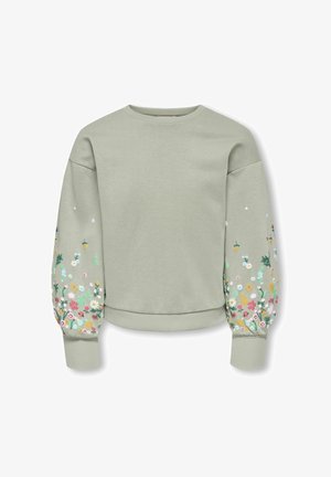 Sweat-shirt vert sauge clair avec manches longues bouffantes ornées de broderies florales multicolores le long des avant-bras.
