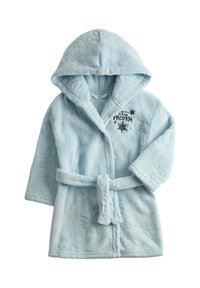 Ljusblå fleecekappa med huva, prydd med en broderad "Frozen"-design och snöflingeaccent. Knuten med ett matchande bälte, mjuk textur.