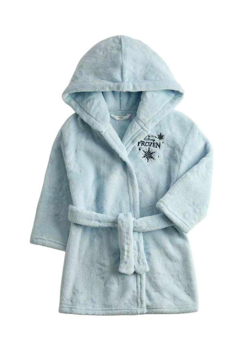 Ljusblå fleecekappa med huva, prydd med en broderad "Frozen"-design och snöflingeaccent. Knuten med ett matchande bälte, mjuk textur.