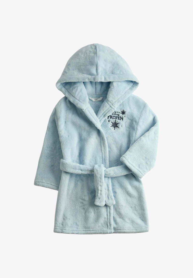Lichtblauwe fleecjas met capuchon, voorzien van een geborduurd "Frozen"-ontwerp en sneeuwvlokaccenten. Vastgebonden met een bijpassende riem, zachte textuur.