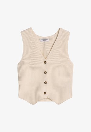 Cream-colored ribbed knit vest with four brown buttons and a V-neckline, sleeveless, flat lay on white background.