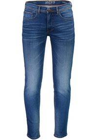 Jeans dżinsowe w średnim odcieniu niebieskiego z tapered fit. Cechy to pięć kieszeni, szlufki na pasek i subtelne przetarcia na udach.