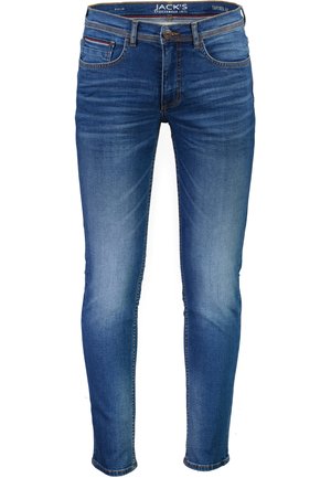 Denim-Jeans in Mittelblau mit schmalem Schnitt. Zu den Eigenschaften gehören fünf Taschen, Gürtelschlaufen und dezente Verblassungen an den Oberschenkeln.