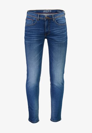 Denim jeans i mellemblå med en tapered fit. Funktioner inkluderer fem lommer, bæltestropper og subtile falmninger på lårene.