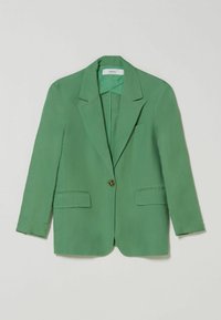 Groene blazer van lichtgewicht stof, met een reverskraag, enkele knoopsluiting en twee voorzakken. Gladde textuur, niet gevoerd.