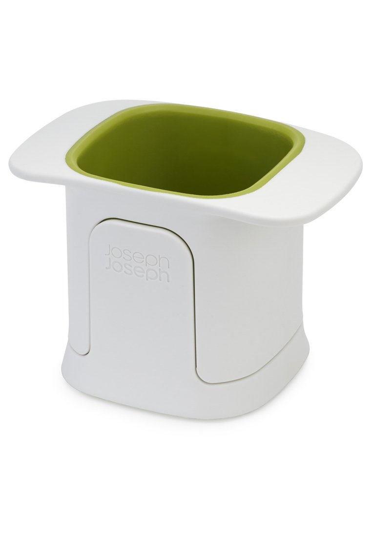 Witte rechthoekige container met een groene binnenvoering. Glad plastic materiaal, afgeronde hoeken en een minimalistisch ontwerp met een logo aan de zijkant.