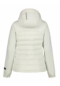 Vit vadderad jacka med huva, med en slät yta, elastiska muddar och en logotypdetalj på den övre ryggen.