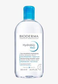 Klare Plastikflasche mit blauem Verschluss, enthält 500 ml Bioderma Hydrabio H2O Mizellenwasser. Das Etikett zeigt weißen Text und blaue Akzente.
