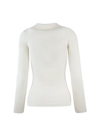 Top a maniche lunghe a costine in color avorio, con silhouette aderente e scollo rotondo. Tessuto liscio con righe verticali.