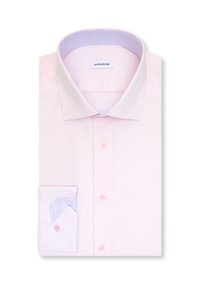 Chemise habillée pour homme rose clair avec un col à pointes étalées et des poignets boutonnés présentant une doublure intérieure à motif bleu.