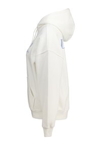 White hoodie, soft fabric, drawstring hood, kangaroo pocket. Printed blue lettering on the front, ribbed cuffs and hem.