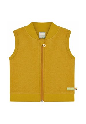 Mouwloos okergeel kinderbodywarmer met rits aan de voorkant en geribde kraag, armsgaten en zoom.
