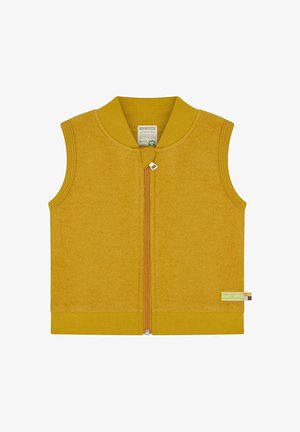 Mouwloos okergeel kinderbodywarmer met rits aan de voorkant en geribde kraag, armsgaten en zoom.