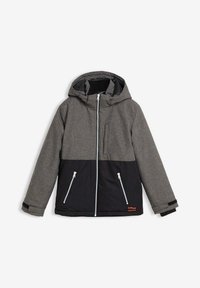 Veste à capuche avec un haut gris et un bas noir. Dispose de deux poches zippées à l'avant, d'une fermeture éclair à l'avant et d'une texture lisse.