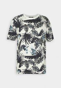 Bílé tričko s krátkým rukávem, s černým a modrým tropickým vzorem listů a květin, kulatým výstřihem a volným střihem.