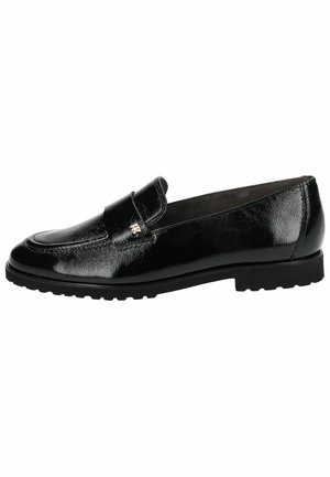 Blank sort læderloafer med lav hæl, gummisål og et lille metallogo på siden af den øverste rem.