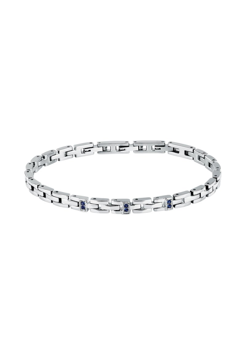 Bracciale in argento con maglie rettangolari, accenti di gemme blu inseriti in cornici quadrate e una finitura liscia e lucida.
