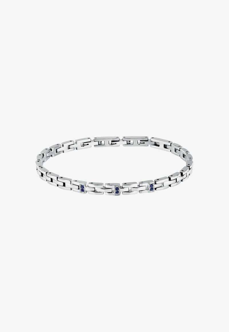 Bracciale in argento con maglie rettangolari, accenti di gemme blu inseriti in cornici quadrate e una finitura liscia e lucida.