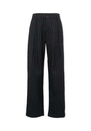 Pantaloni neri su misura con sottili righe verticali bianche, bottone frontale, passanti per cintura e gambe larghe e dritte.