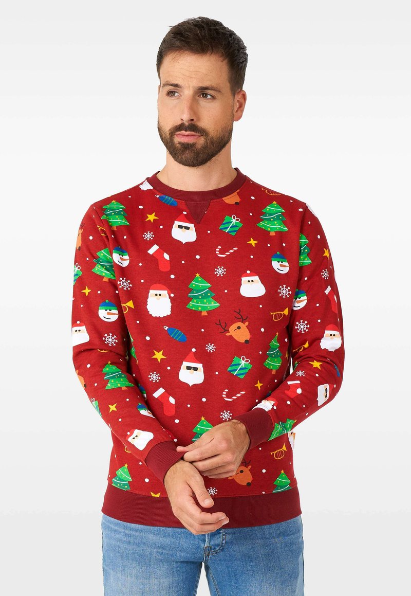 Sudadera roja con un patrón festivo de árboles de Navidad, Papá Noel,copos de nieve y regalos. Puños y cuello acanalados.
