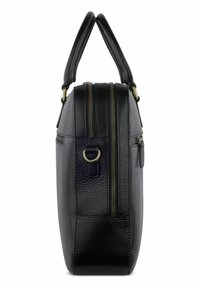 Sac en cuir noir avec double zip, texture lisse et forme arrondie. Deux poignées robustes et un détail en anneau sur le côté pour l'attache.