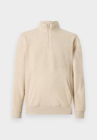Beige fleece pullover med kvart-zip foran, høj krave, lange ærmer, kængurulomme samt ribbede manchetter og kant.