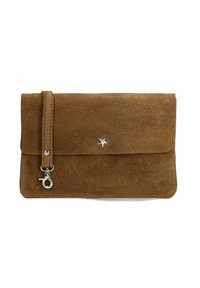 Bruine suède clutch tas met klep sluiting, zilveren steraccent en afneembare schouderband. Gladde textuur met een subtiel, minimalistisch ontwerp.