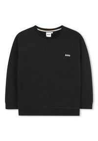 Black sweatshirt with a crew neck, long sleeves, and ribbed cuffs. Features a small white "BOSS" logo on the front. Soft fabric texture.