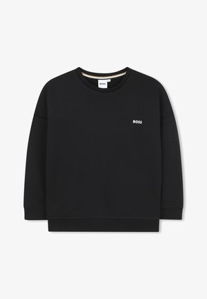 Zwarte sweatshirt met een ronde hals, lange mouwen en ribbelmanchetten. Bevat een klein wit "BOSS" logo aan de voorkant. Zachte stoftextuur.
