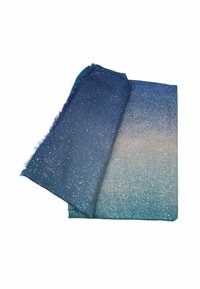 Sciarpa piegata con un gradiente che passa dal blu scuro al turchese, decorata con glitter argentati sparsi e bordi frangiati.