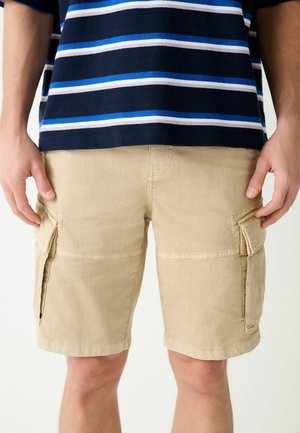 Mees kannab beežika värvi lahtisi lühikesi pükse küljetaskutega ja tumesinise triibulise särgiga, seisab ühevärvilise tausta ees.