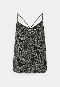 Svart blommig kamisol med tunna axelband, med ett spritt mönster av ljusgröna, blå och beige blommor på ett mjukt tyg.