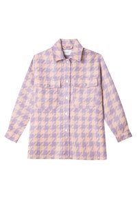 Lila- und pfirsichfarbener Karoshemdjacke mit Kragen, Knopfverschluss und zwei Brusttaschen. Weicher, strukturierter Stoff; lange Ärmel.