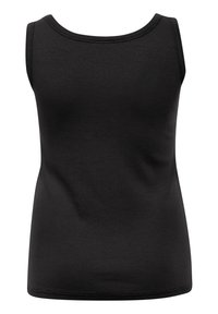 Czarny bezrękawnik z ribbed materiału, o zaokrąglonym dekolcie i dopasowanym kroju, nie posiadający dodatkowych wzorów ani detali.