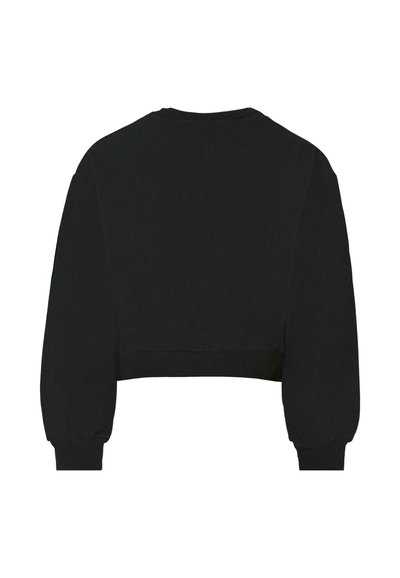 Felpa nera corta con maniche lunghe e voluminose. Presenta polsini e orlo a coste, realizzata in un tessuto morbido con una texture liscia.