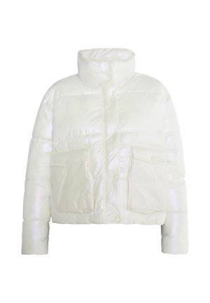 Zkrácená péřová bunda z lesklého bílého materiálu. Obsahuje stojáček, dvě přední kapsy a patentní knoflíky. Měkká prošívaná textura.