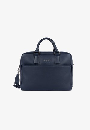 Navy-Lederhandtasche mit doppelten Obergriffen und abnehmbarem Schulterriemen. Verfügt über eine strukturierte Oberfläche und eine vordere Reißverschluss-Tasche. Silberne Hardware-Details.