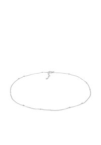Silver necklace with small round beads interspersed along a delicate chain, featuring a secure lobster clasp and adjustable length.