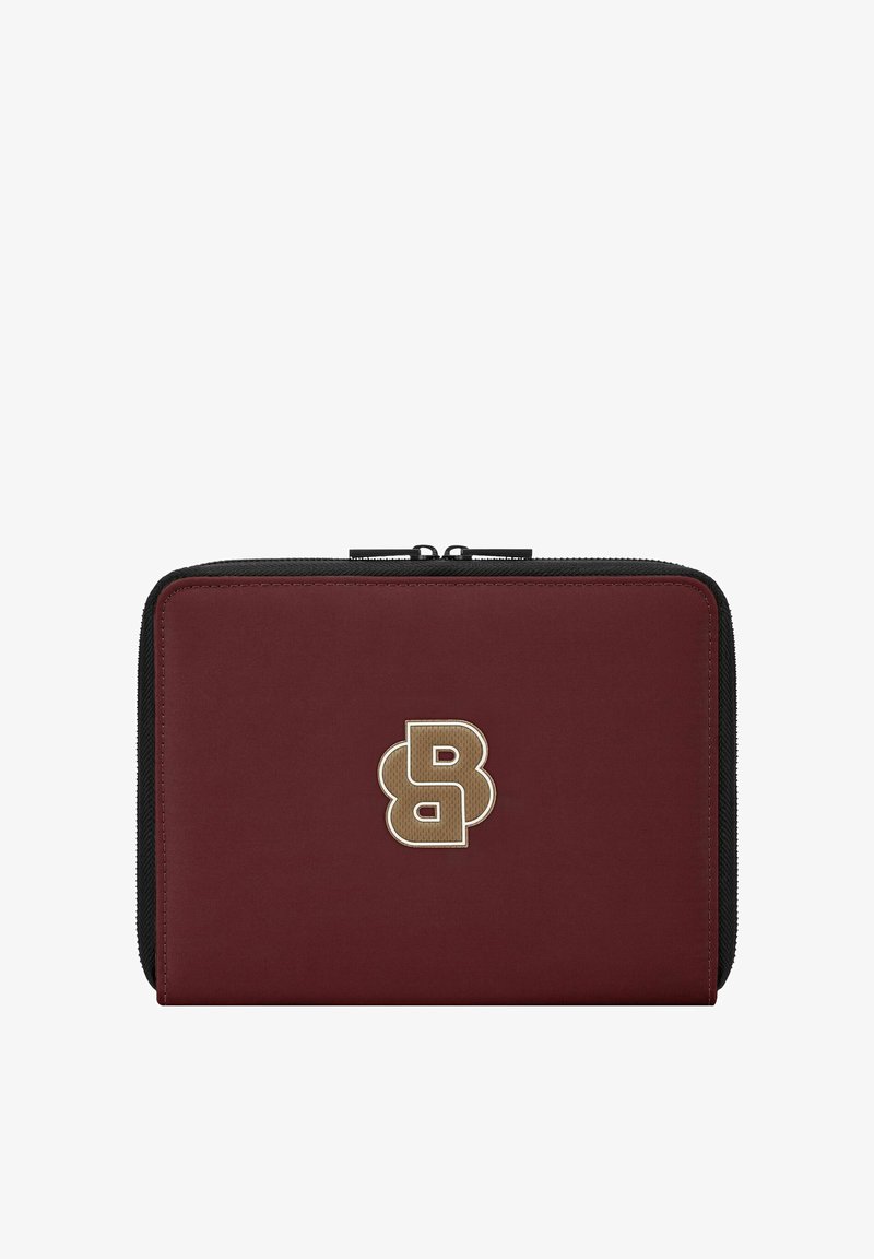 Portefeuille bordeaux à fermeture éclair avec bordure noire et logo "BB" beige entrelacé centré à l'avant.